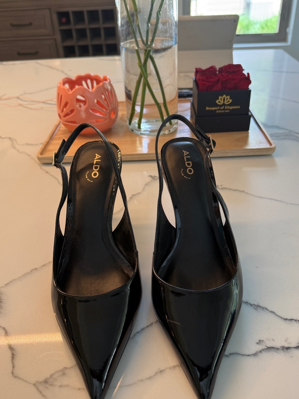 Aldo Black Patent Pointed Slingback Heels